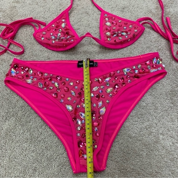 Pretty Little Thing Neon Pink V Wire Jewelled gem Bikini Sz 6/8 - Picture 10 of 12